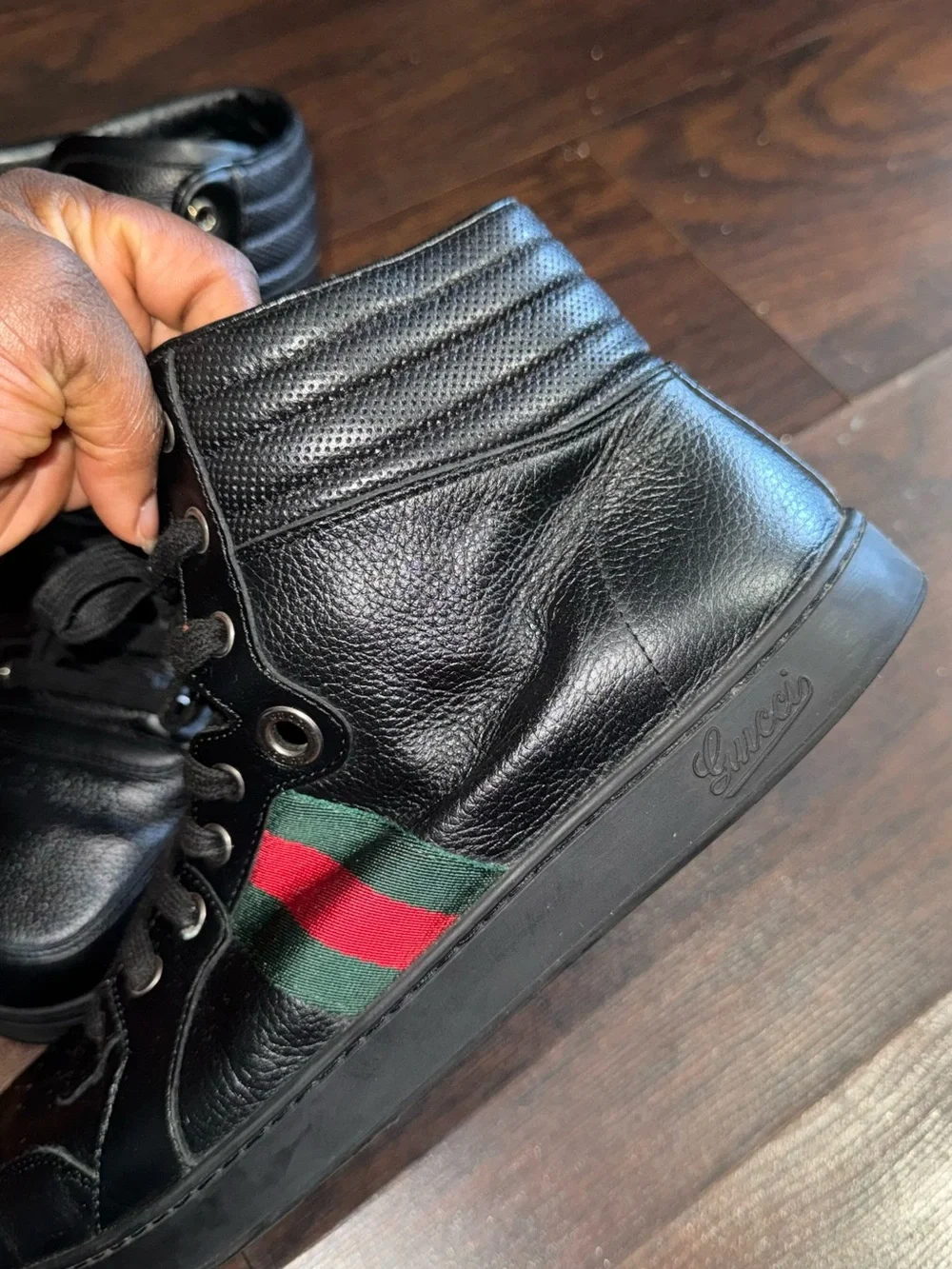 Gucci Black Leather High-Top Boots with Green and Red Web Stripe